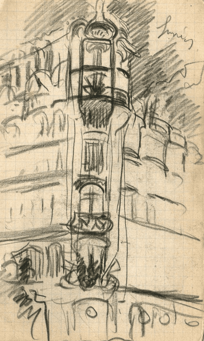 Antique Pencil Drawing Original Architecture, Building, Landscape Architectural