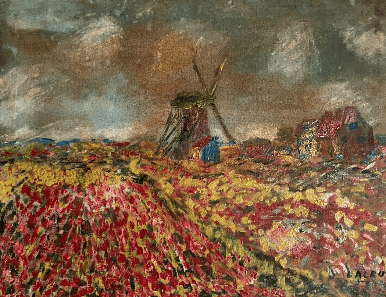 Antique Old Painting signed Mill Flowers Fields Landscape Floral