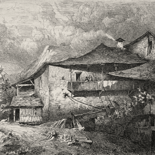 Antique Etching Original Landscape, Forges d'Allevard Dauphine, House, People image 3