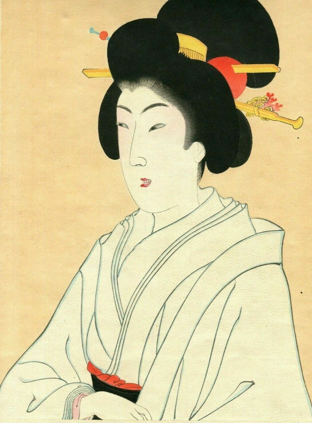 Japanese WoodPrint Woman Geisha Tea Portrait