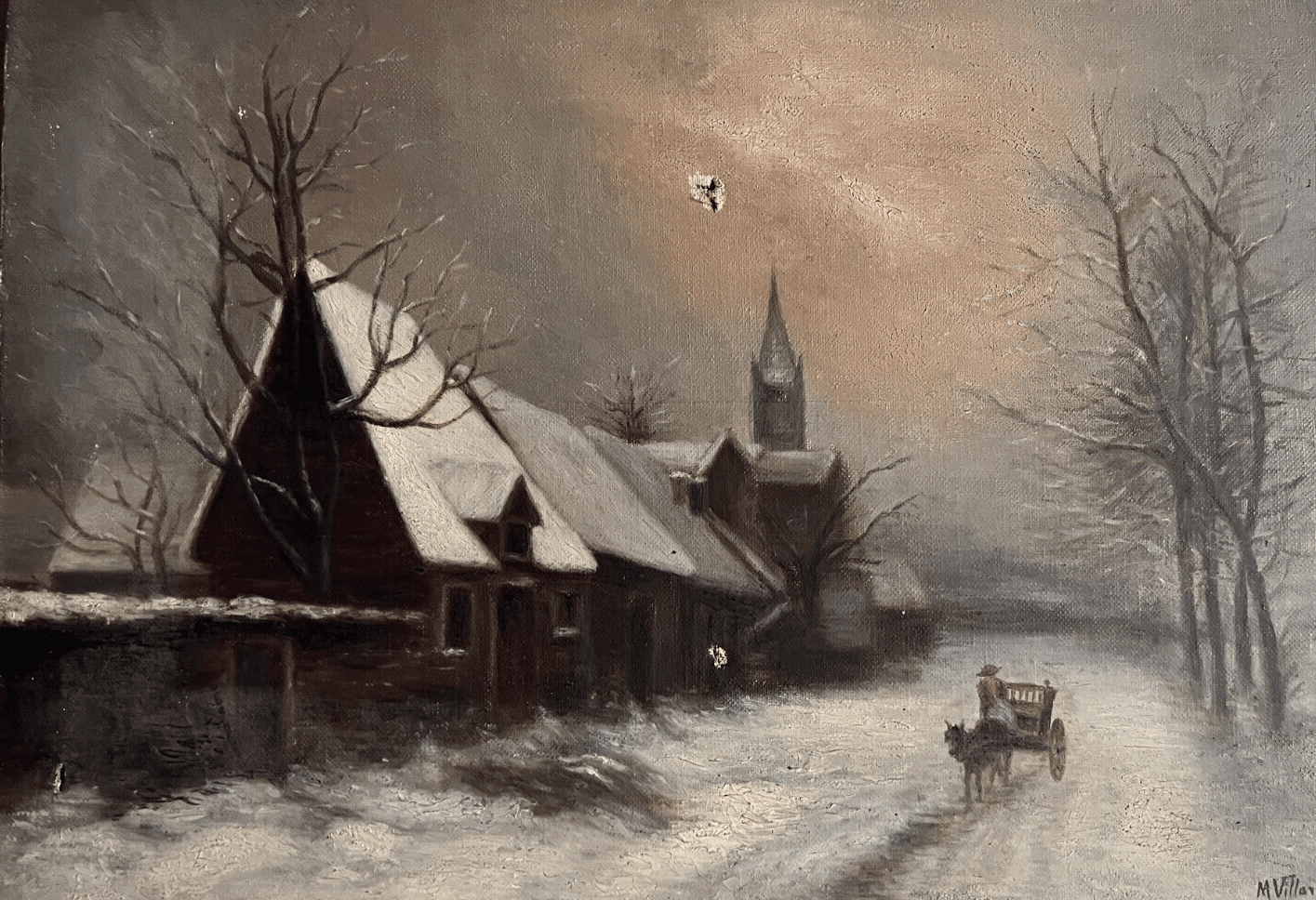 Antique Original Painting Landscape signed Winter Village Horse Landscape
