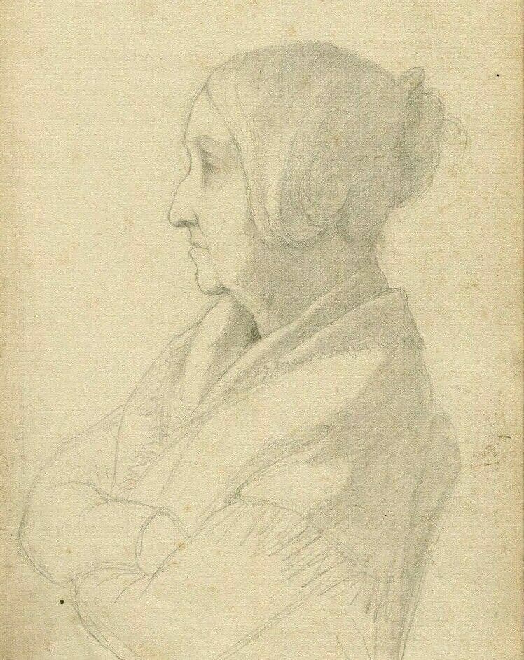 Antique Pencil Drawing 19th century, Woman Profil with a Shawl