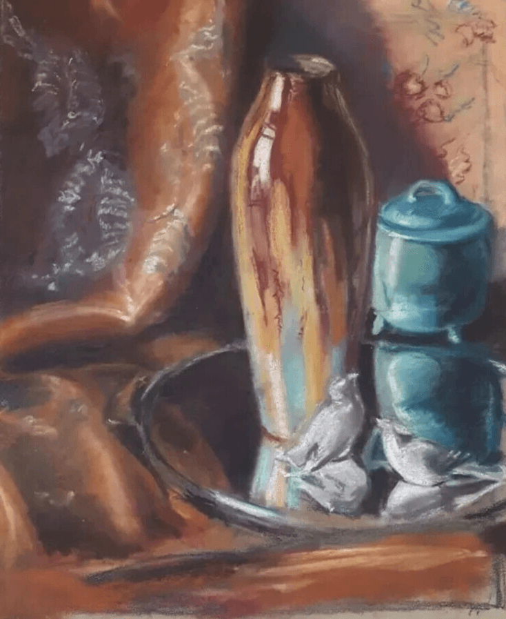 Antique Drawing Pastel Still Life Vase and Sculpture c. 1910