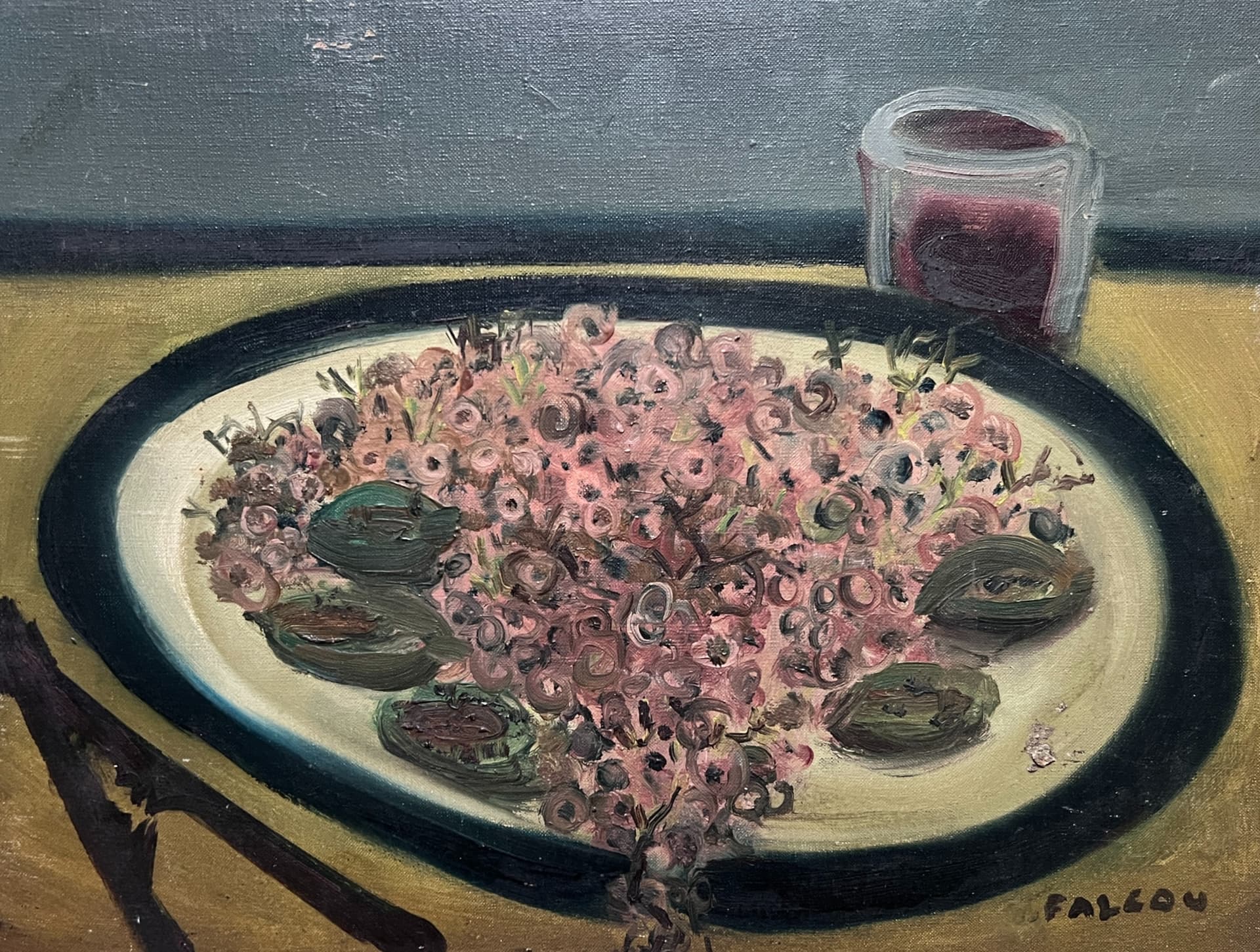 Painting Still Life Flower Plate and Wine Glass