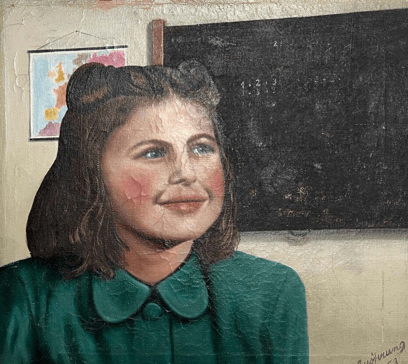 Antique Oil Painting canvas signed Young Girl Portrait, Classroom, Map
