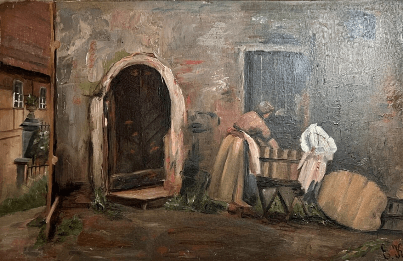 Antique Original Painting 19th century Landscape, People, Dresde 1891