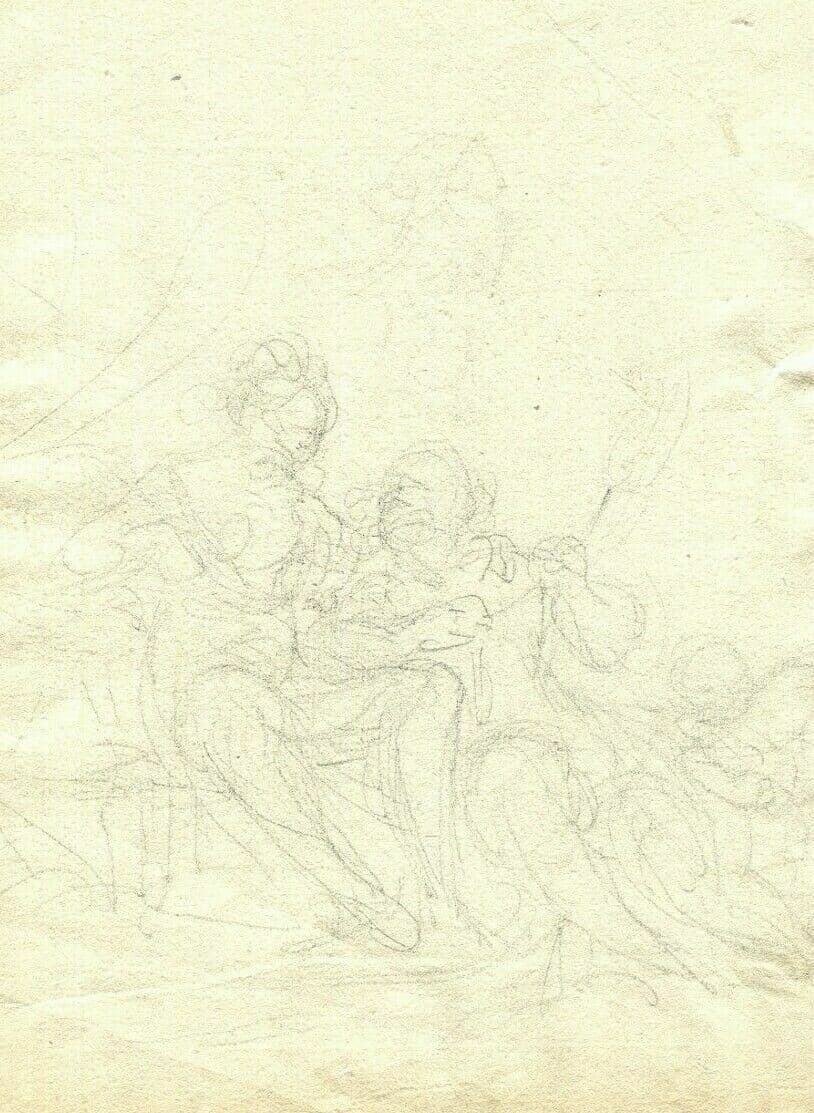 Antique Pencil Drawing 19th century Scene de Genre with Figures Artwork