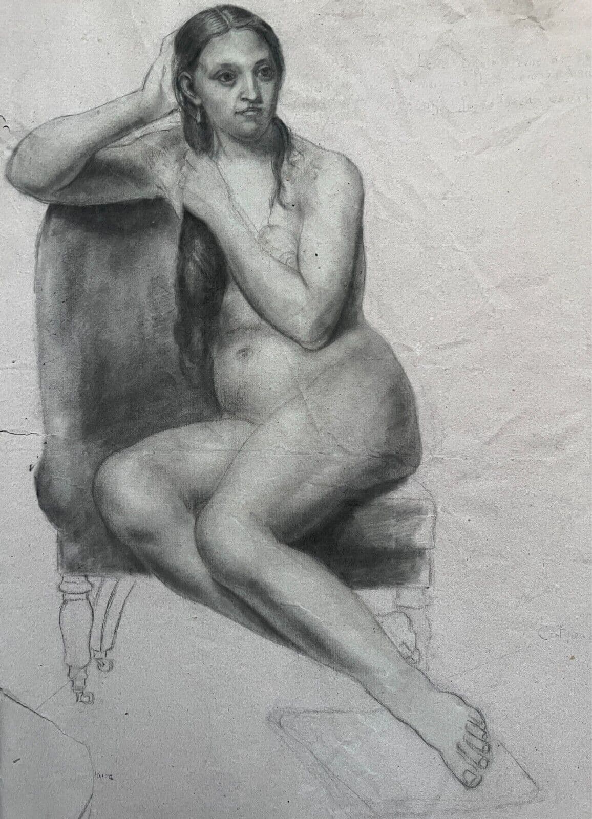 Antique Drawing Charcoal Nude Woman Portrait 19th century c 1860