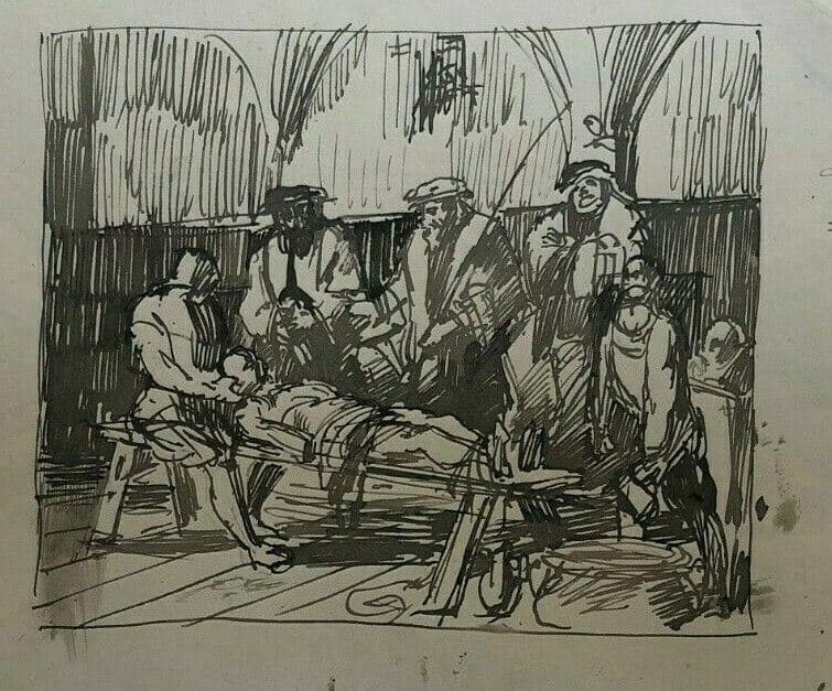 Antique Ink Drawing Original Consulat Men, Dead Body