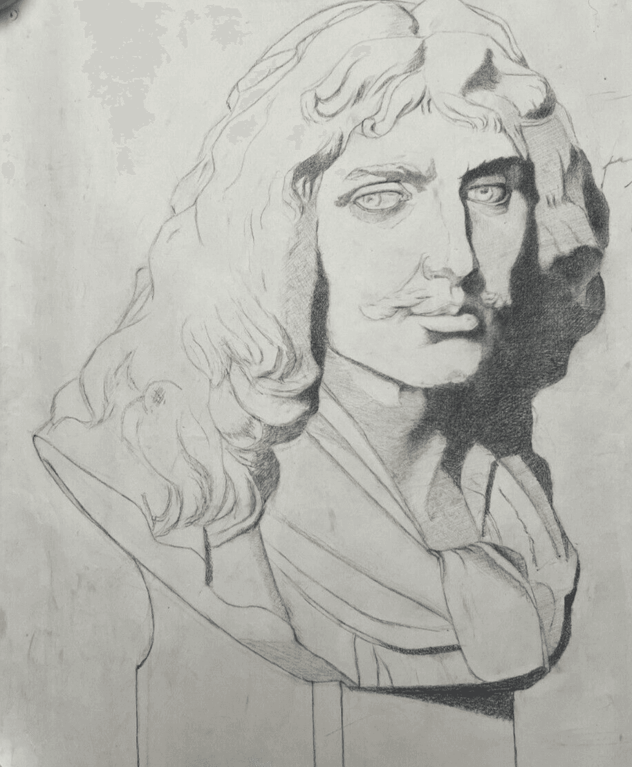 Antique Original Drawing Man, Portrait, Moustache, Sculpture