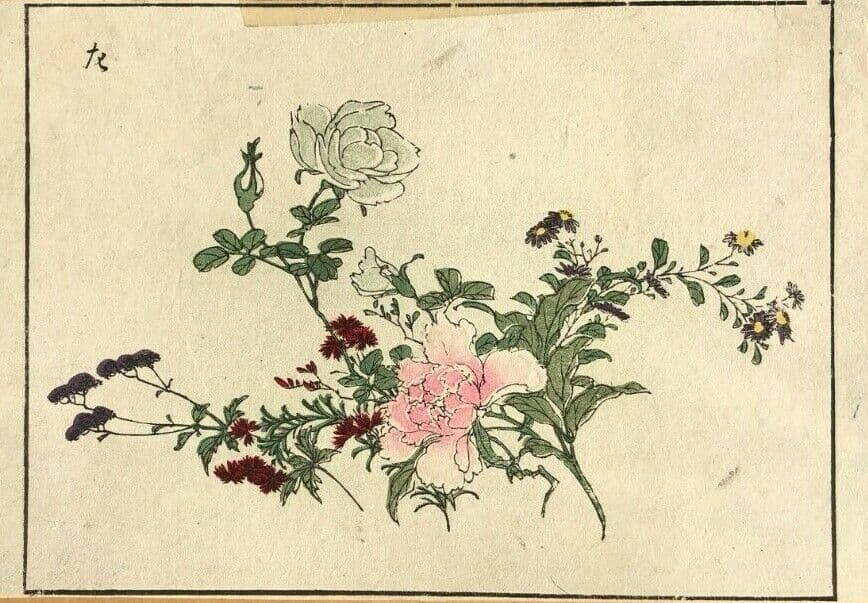 Japanese Antique Print - Flowers, Geese, Animal c. 1830 Asian Art