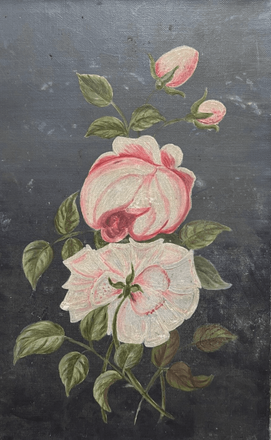 Antique Painting Original Oil On Canvas, Rose Flowers Bouquet