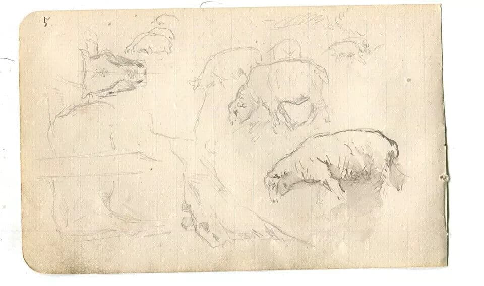 Vintage Ink Original Drawing Animals, Sheep, Cow, Stable image 6