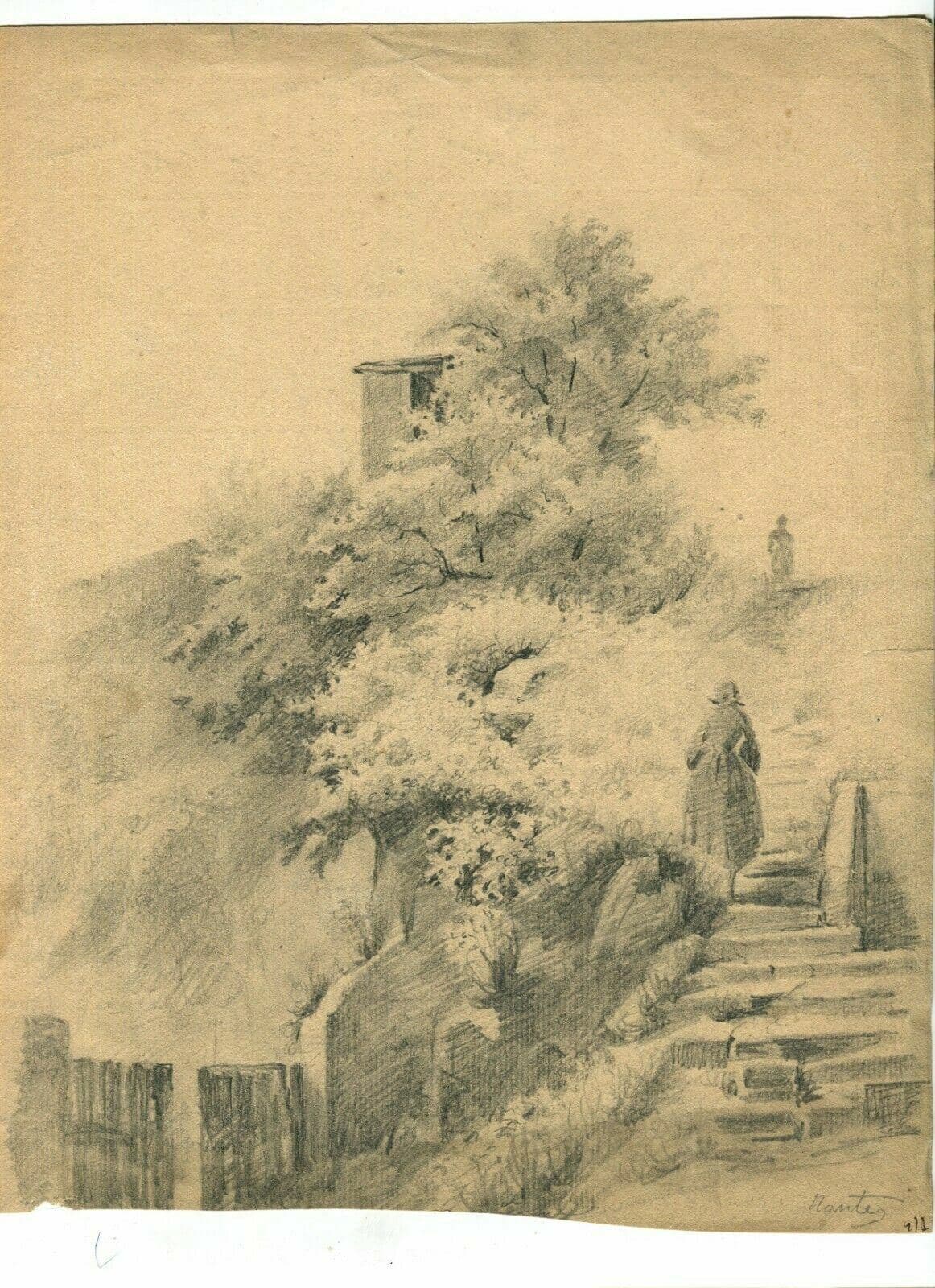 Vintage Pencil Original Drawing House, Trees, Landscape, People
