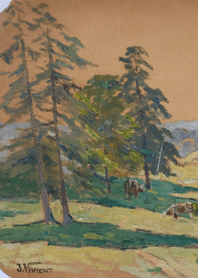 Antique Original Painting Landscape, Trees, Forest, Town, Nature signed image 3