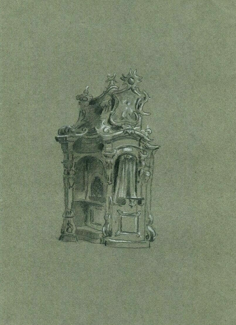 Antique Pencil Original Drawing Confessional Church of Friborg 1888