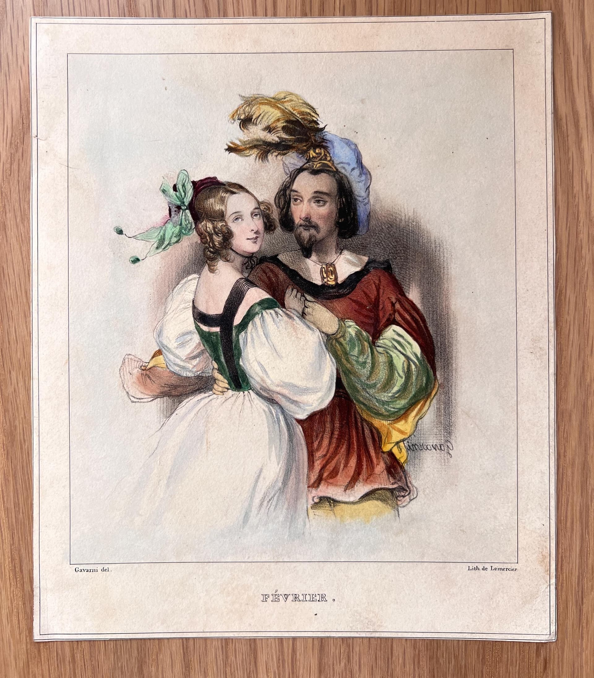 19th-Century Romantic Lithograph: February Lovers Scene