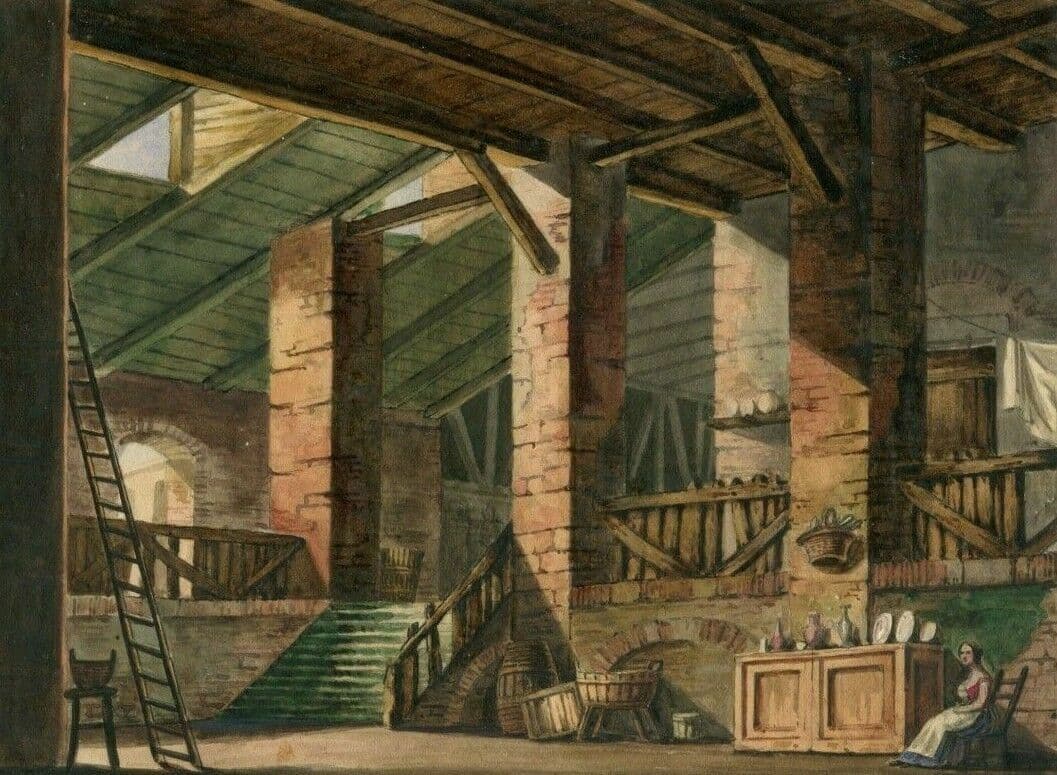 Drawing 19th Architecture, House Interior with People