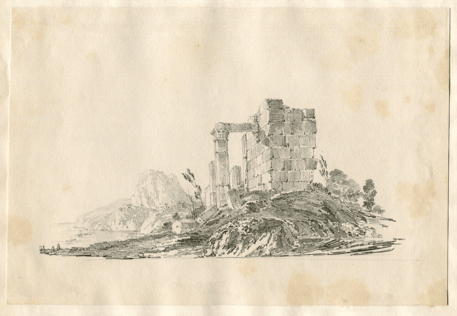 Antique Pencil Drawing Original 19th century Ruins Castle Landscape image 4