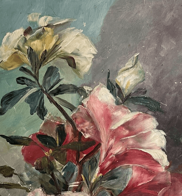 Antique Painting Flowers Bouquet Oil Pink Flower Bouquet Signed Floral image 3