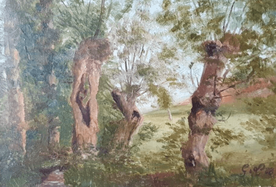 Antique Painting Original Landscape, Forest, Trees, Rocks signed 1888