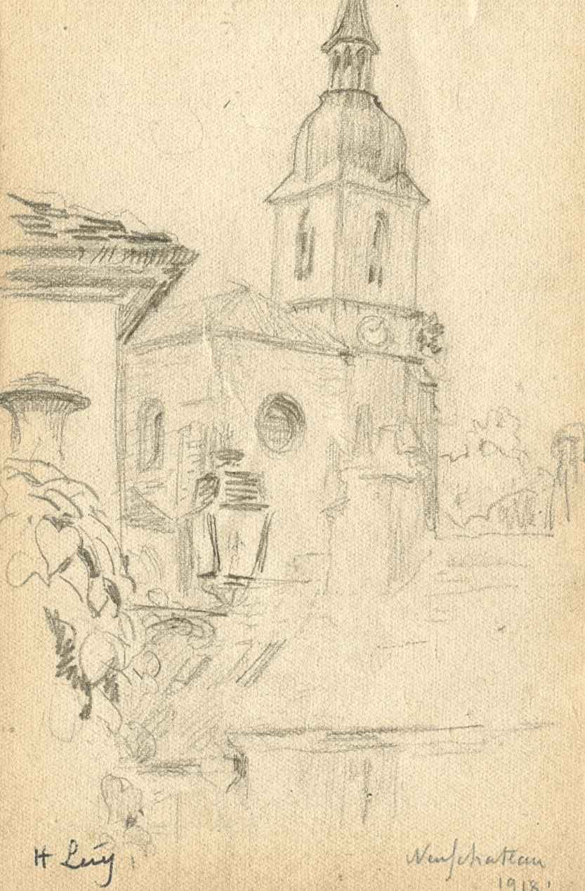 Antique Drawing Original signed Landscape, Village, Church, Neufchateau 1918