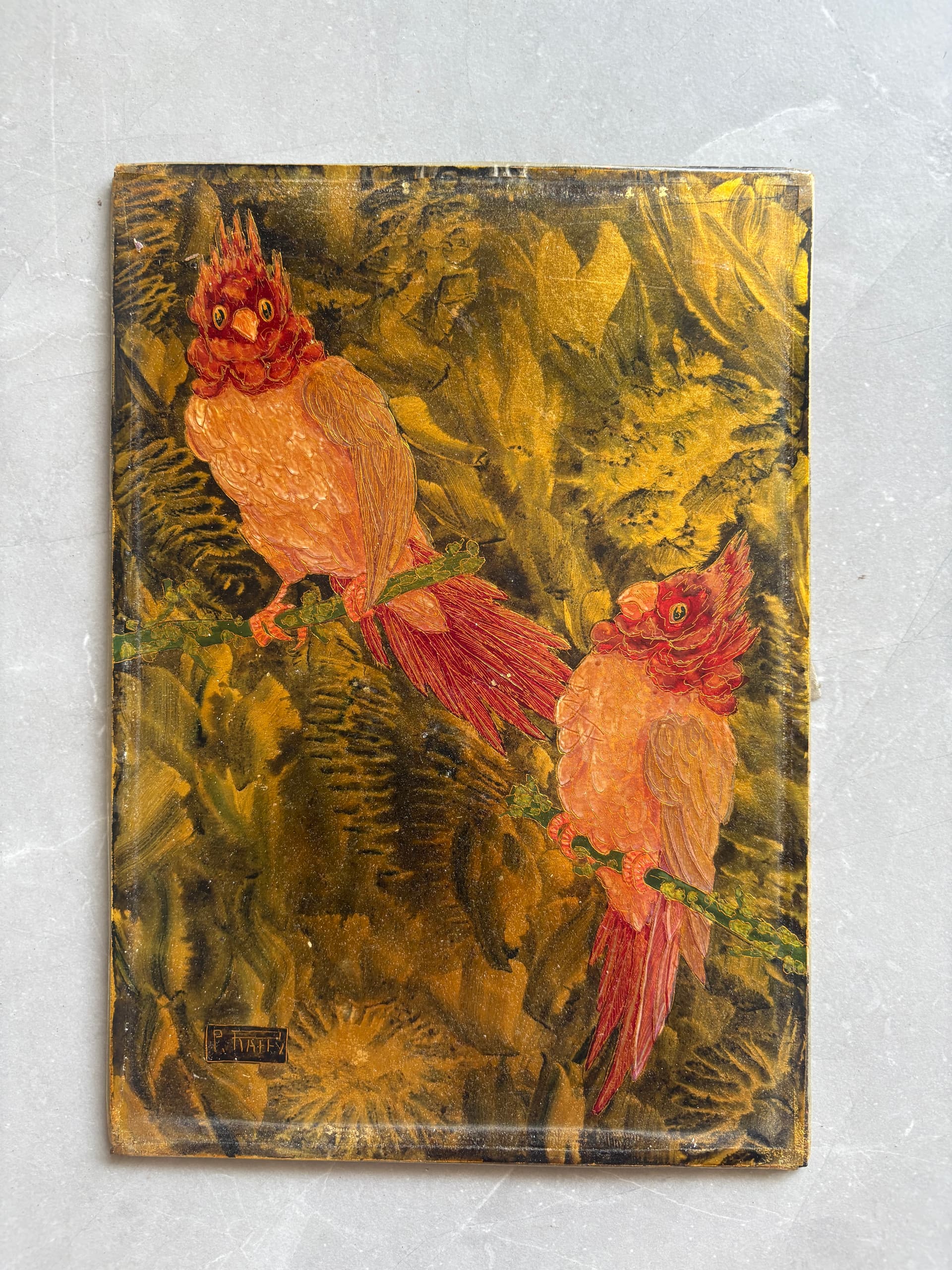 Vintage Oil Painting signed Paul RAFFY (XX) Perrots Birds, Art Deco Framed