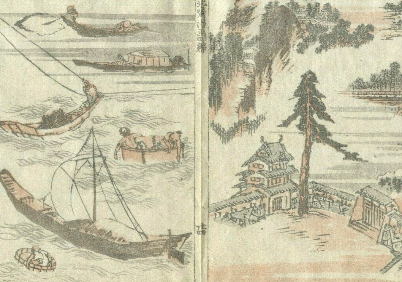 Antique Japanese WoodPrint Boat, Temple and Fir c. 1890 Asian Art Print Ukiyo-e