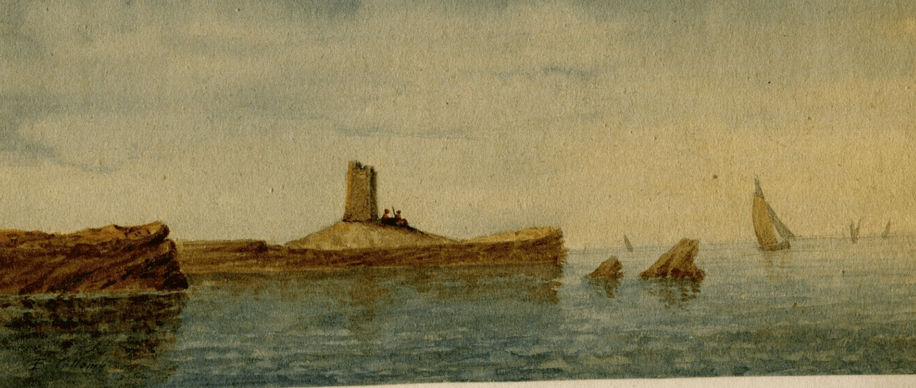 Antique Drawing signed Collomb Landscape Cape Palos, Andalusia, Spain