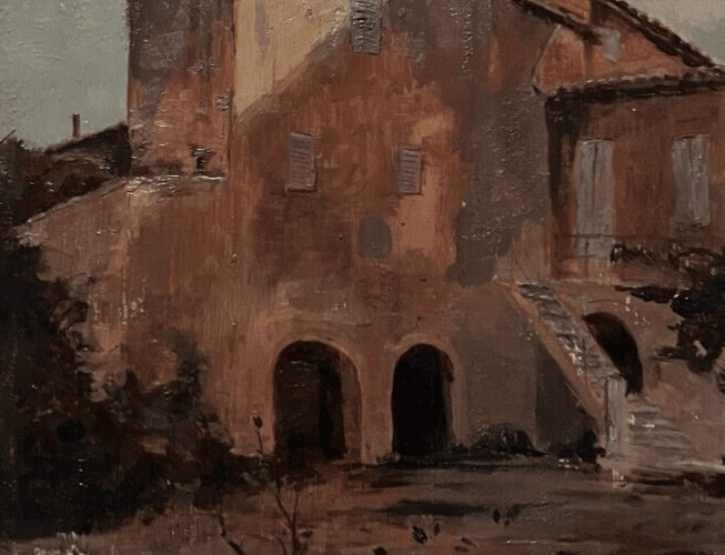 Antique Oil Painting Original Landscape, House, Architecture, Cityview signed image 5