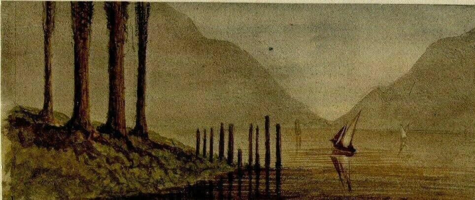 Antique Drawing Original signed Geneva Lake, Switzerland Landscape