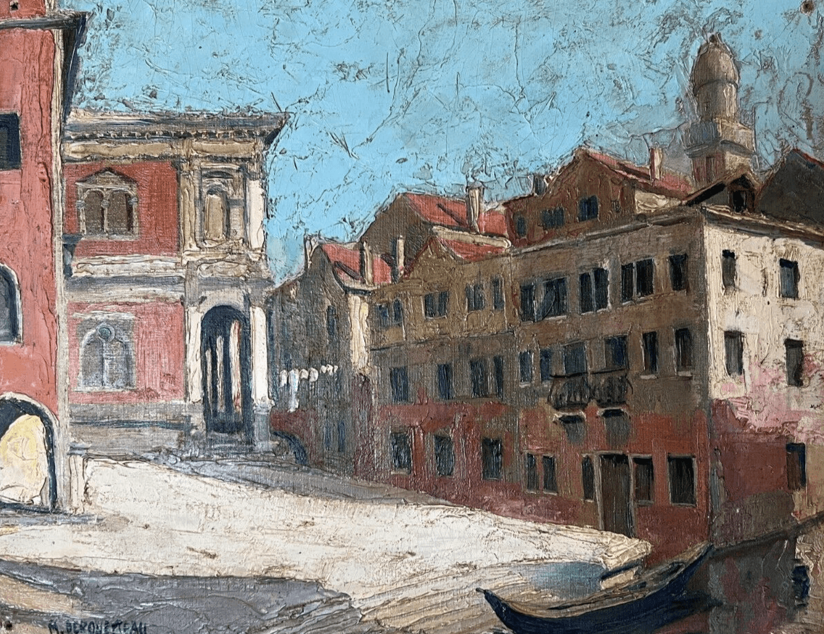 Antique Oil Painting Venice Cityview Landscape Building, Canal, Boat