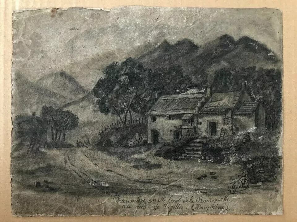 Antique Charcoal Drawing signed Gautier Thatched Cottage, Romanche, Vizilles image 6