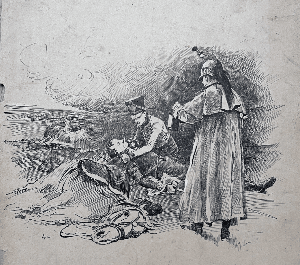 Antique Drawing 19th century Original War Military Scene, Death