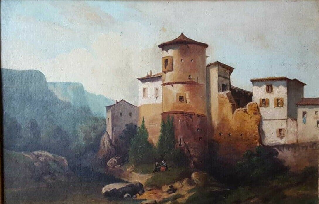 Antique Painting Oil Original 19th Century Fortified Hamlet Village Landscape