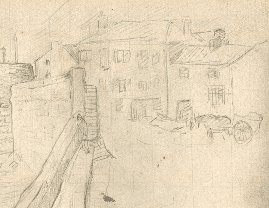 Vintage Pencil Drawing Original Houses, Landscape, Maritime, Docks