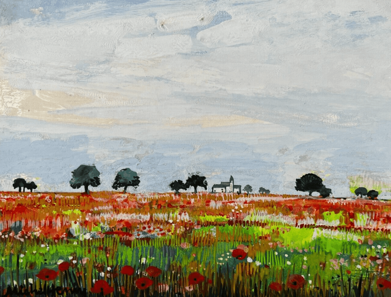 Original Vintage Drawing MICHEL-HENRY (1928-2016) Flowers Landscape with Trees