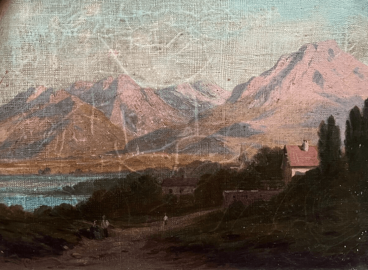 Antique Painting Original Landscape Mountains Italy's Alpine 19th century Framed