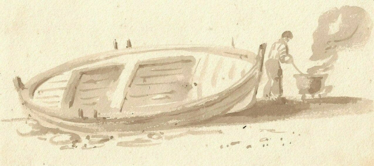 Antique Ink Original Drawing Man, Fire, Boat, Maritime, Beach, Seascape