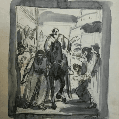 Antique Ink Original Drawing Original Man on Horse, Orientalist Figures
