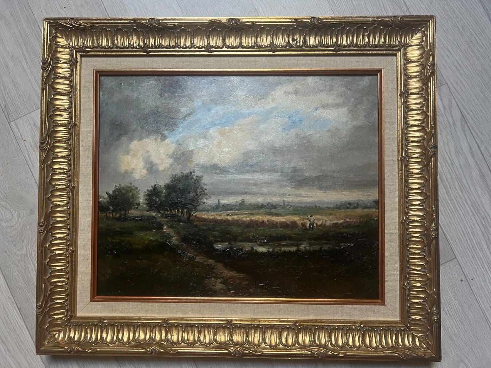 Antique Original 19th century Painting Landscape, Figure Barbizon, Fields image 8