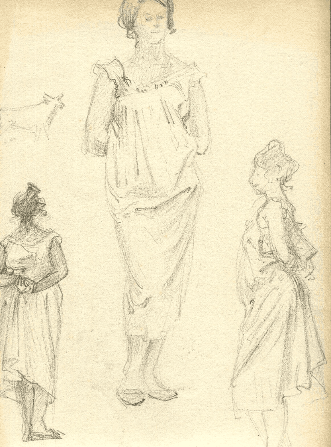 Vintage Pencil Original Drawing Woman Figures, Portrait