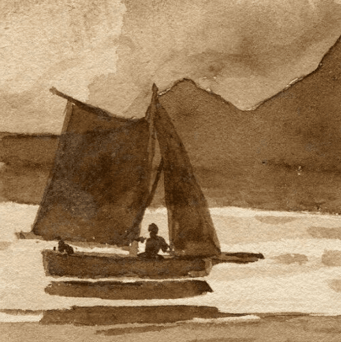 Antique Ink Drawing Original 19th century Mountain, Boats, Sea, Maritime image 2