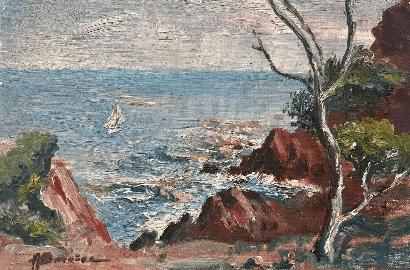 Antique Original Painting Seaside Landscape, Rocks signed