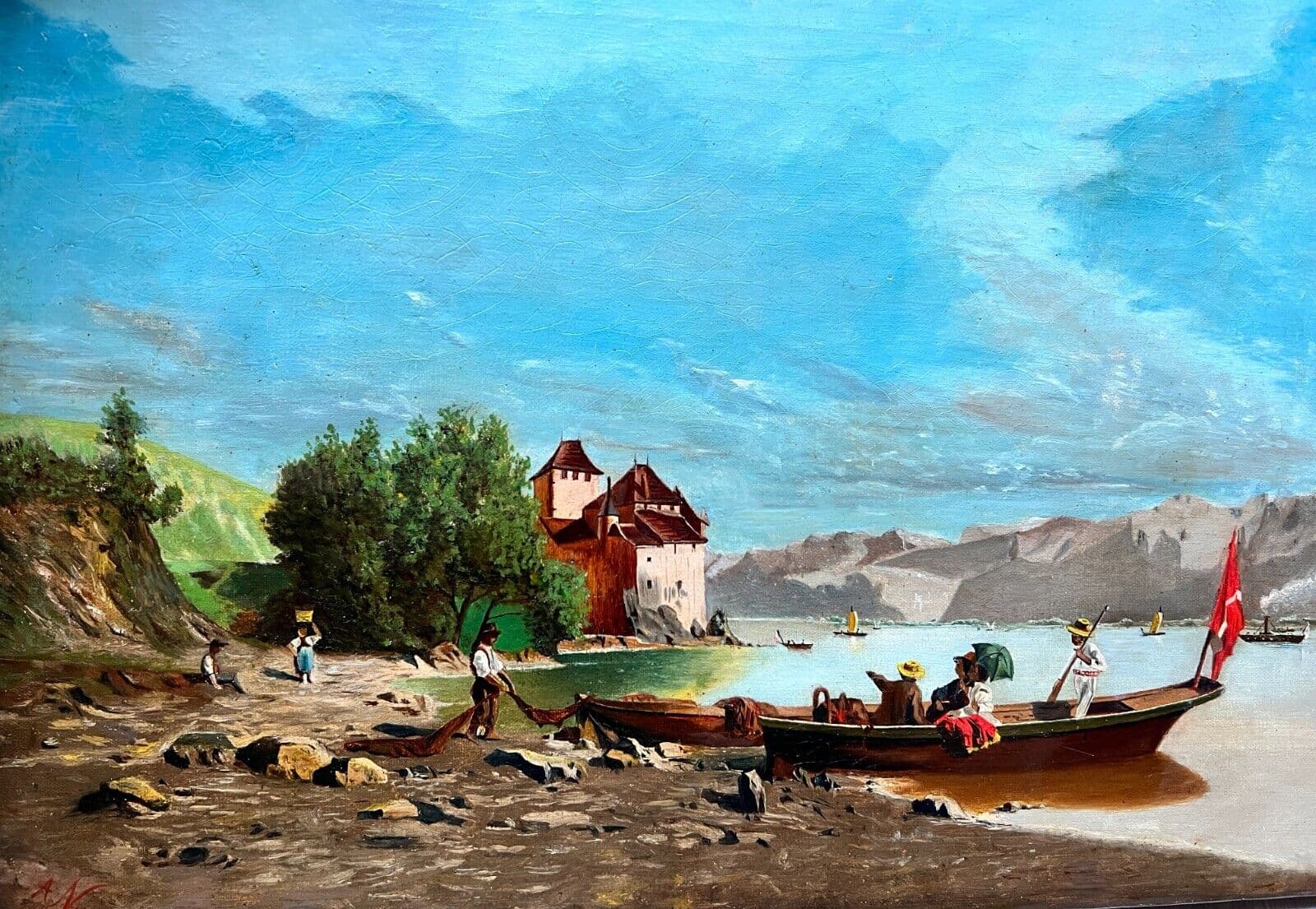 Antique Painting Original Landscape Amédée NURY (1856-?) Switzerland Lake, Boat