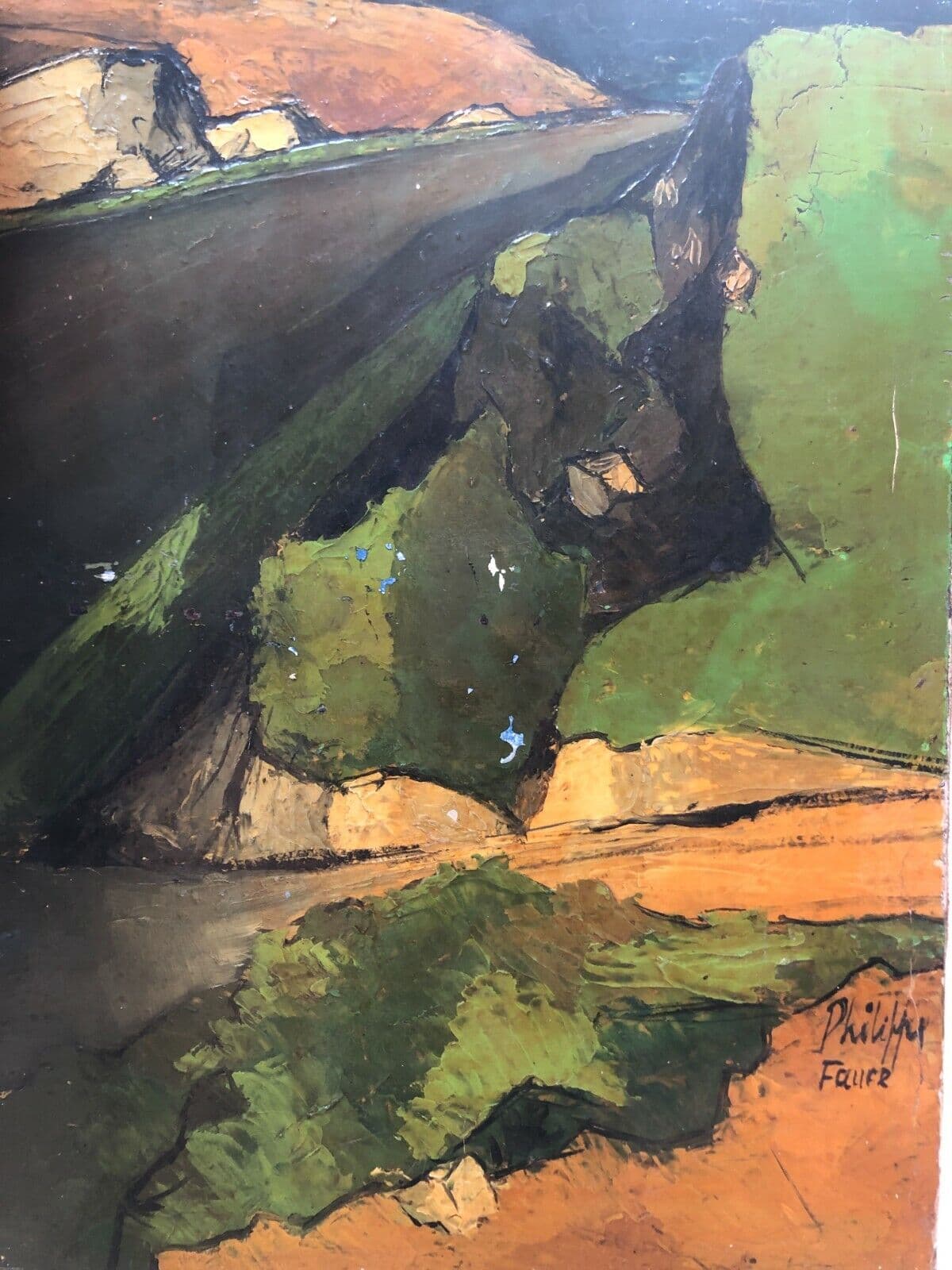 Antique Oil Painting by Philippe FAURE (XX) Green Cubist Landscape 1957