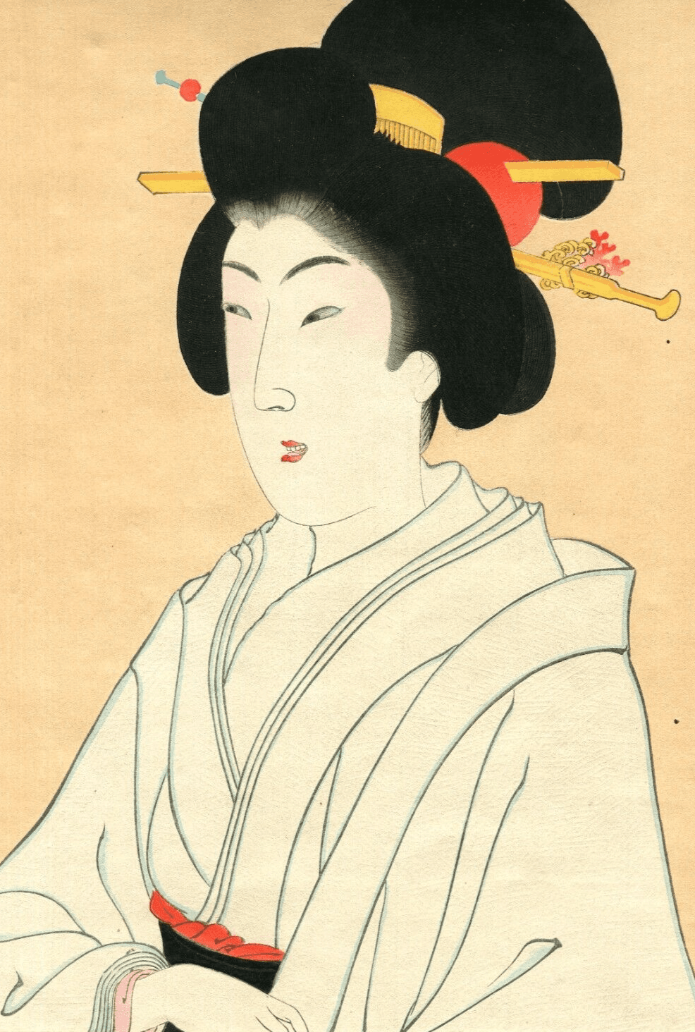 Antique Japanese WoodPrint Original 19th Woman Geisha Tea Portrait Asian Art
