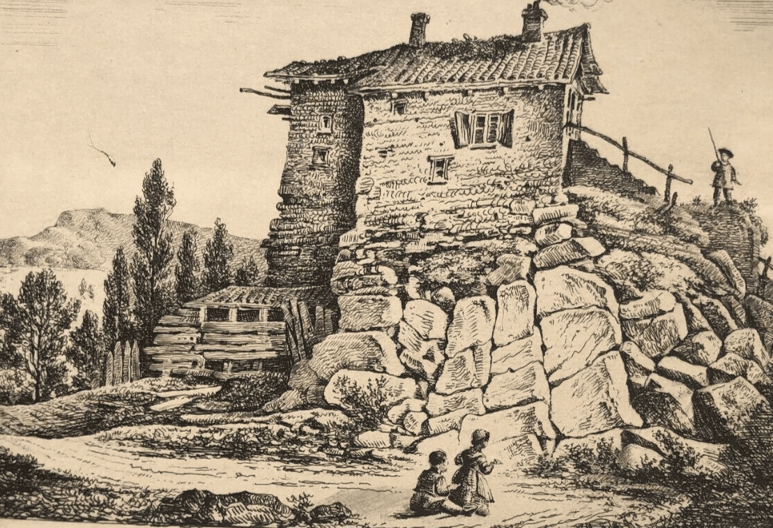 Antique Original Engraving Landscape, People, Children, House, Forest, Trees