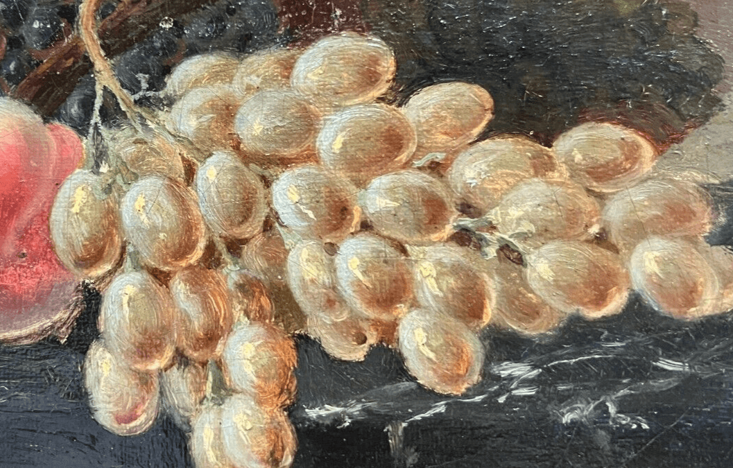 Antique Painting Original Stil Life, Flowers, Floral, Fruits, Grapes, Peach image 3