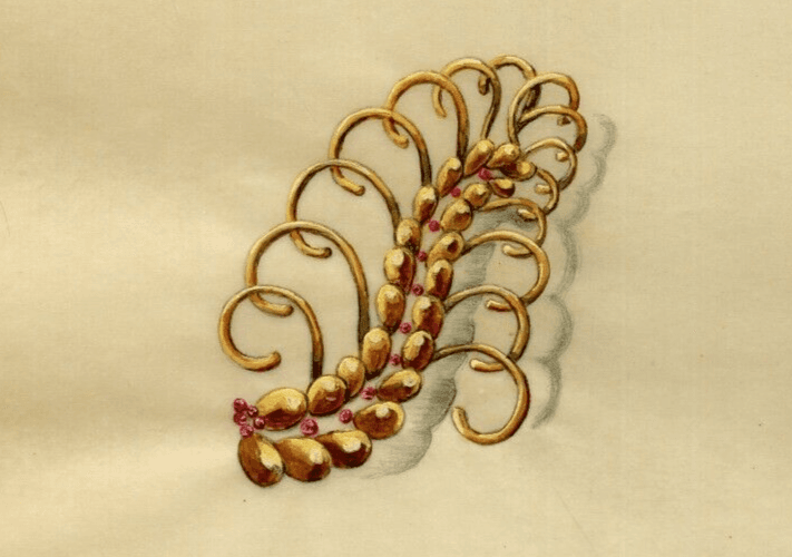 Vintage Drawing Art Deco Original Jewelry Ruby Gold Brooch